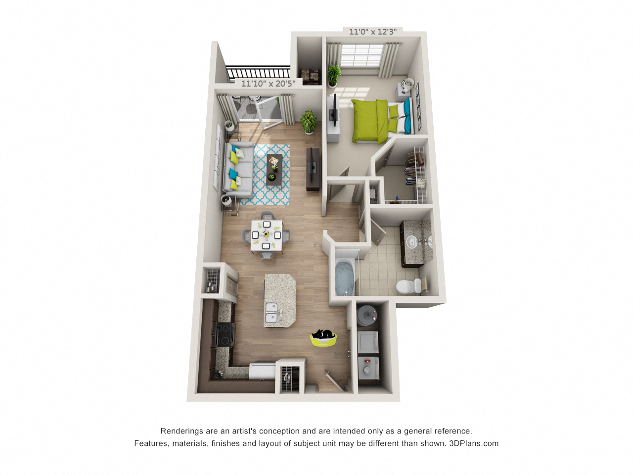 Floor plan for 1 bed, 1 bath, 807 sqft